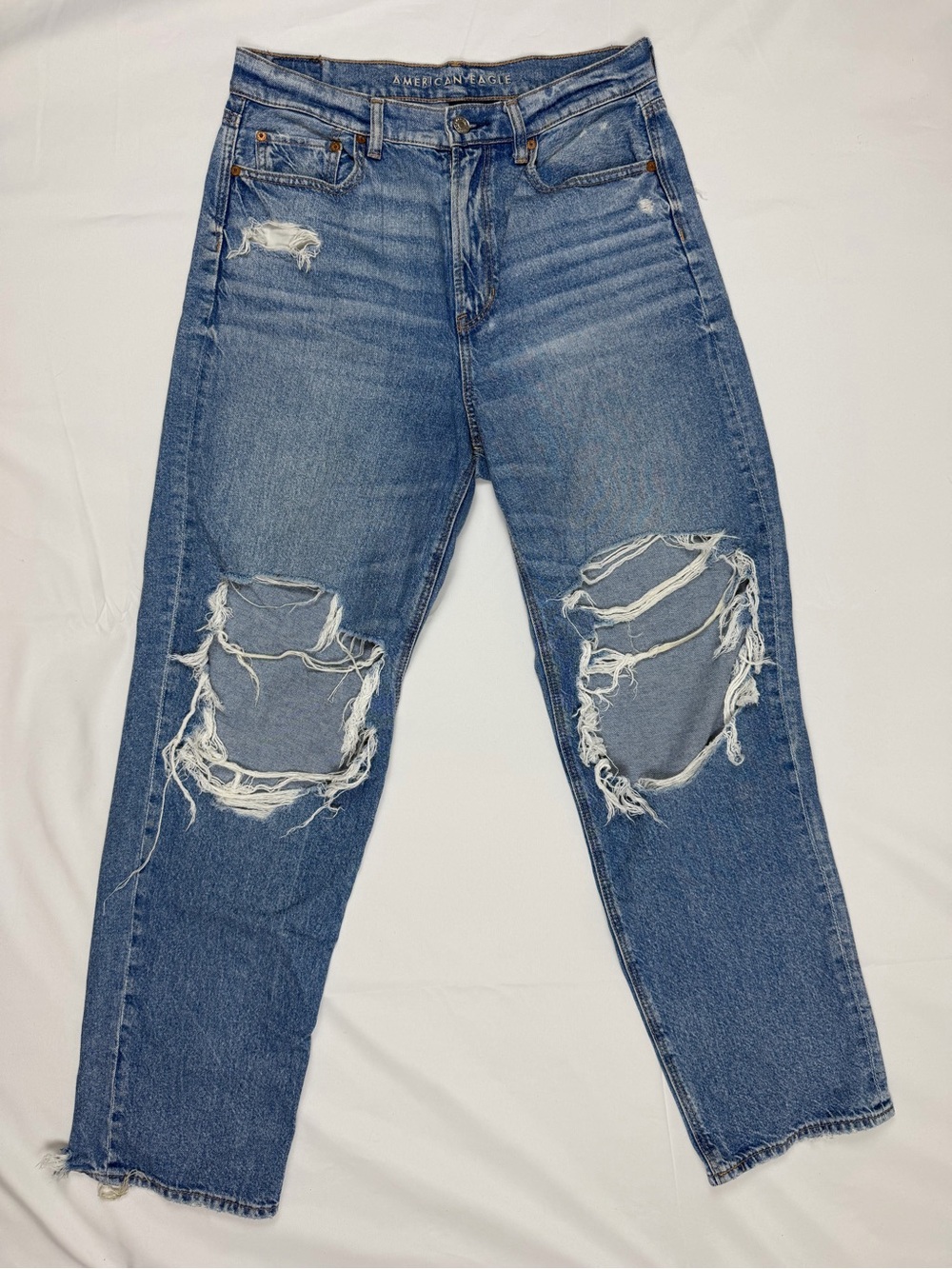 American Eagle Highest Rise Baggy Straight Jeans 10 Strigid Distressed Ripped